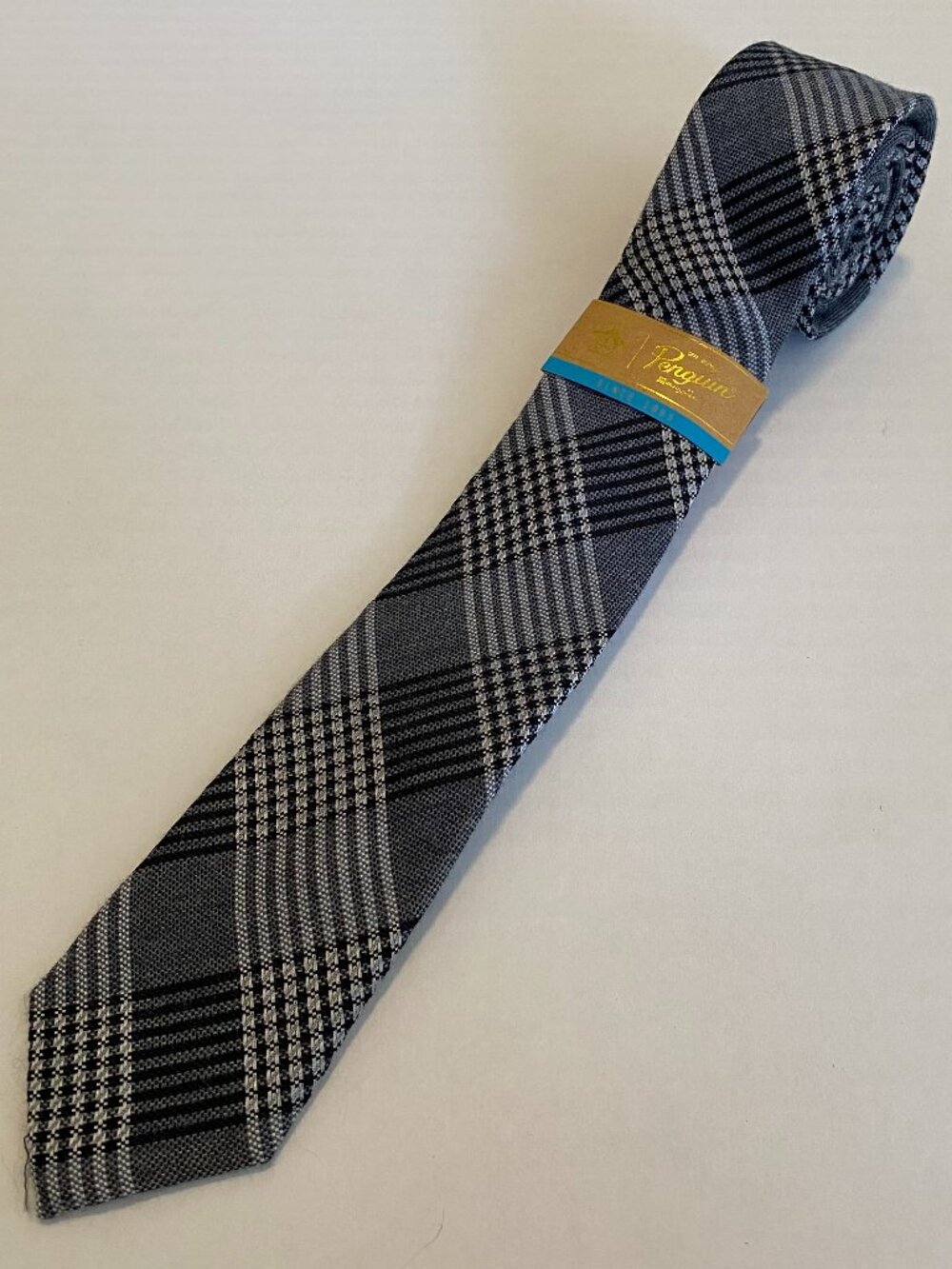 NWT Original Penguin Gray Black Glen Plaid Skinny Silk Blend Tie 2.25"